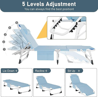 LILYPELLE Folding Chaise Lounge Chair with Mattress, 5 Position Beach Chair with Face Hole, Patio Chaise Lounge Chairs for Outside, Sunbathing, Camping, Pool, Beach, Poolside