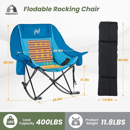 ABORON Heated Oversized Rocking Camping Chair for Adults, Fully Padded Folding Outdoor Lawn Chair with Side Pocket, Portable Recliner Chair for Camp, Patio, Backyard, Supports 400 lbs