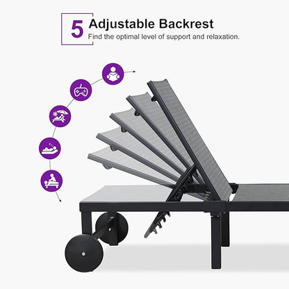 PURPLE LEAF Outdoor Chaise Lounge Chairs Set Adjustable Recliner Chair with Wheels and Table for Poolside Beach Patio Aluminum Reclining Sunbathing Lounger Mixed Grey
