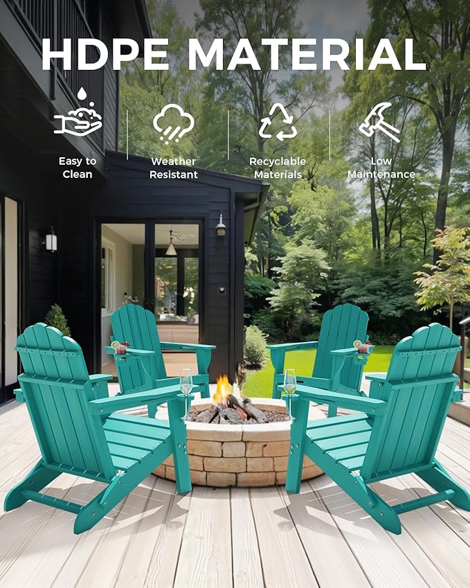 Adirondack Chairs Set of 2, Wood Texture Fire Pit Chairs, Plastic Adirondack Chairs with 2 Cup Holder - Photo 7