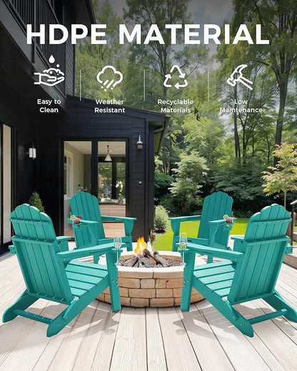 Adirondack Chairs Set of 2, Wood Texture Fire Pit Chairs, Plastic Adirondack Chairs with 2 Cup Holder, Outdoor Lawn Chair for Patio Garden, Lake Blue