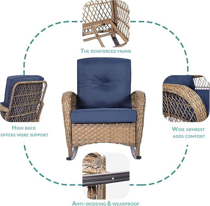 MEETWARM Outdoor Wicker Rocking Chairs Set of 2, Rattan Patio Rocker Chairs with Thick Cushions and High Back, All-Weather Patio Wicker Chair with Safe Rocking Design for Garden, Brown/Navy Blue