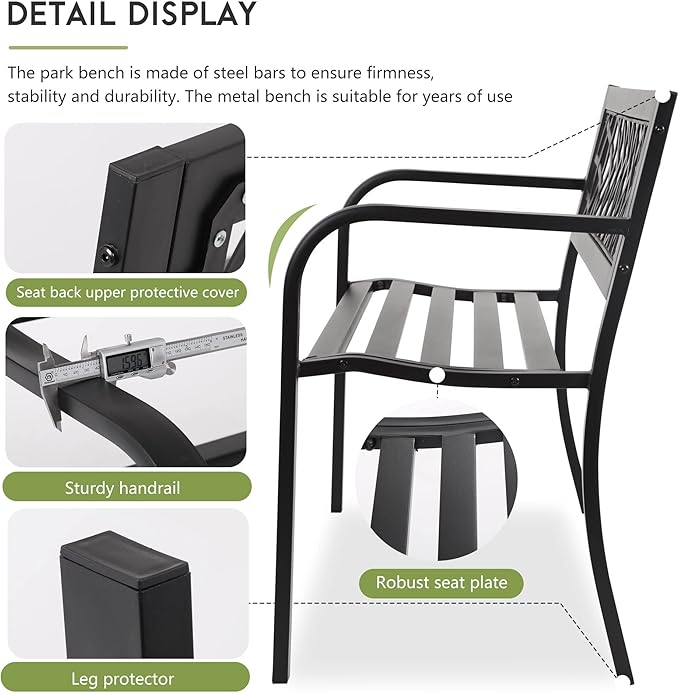 Garden Bench,Metal Outdoor Bench Park Bench with Plastic Mesh Backrest Armrests Sturdy Steel Frame for Patio Yard Porch Entryway Black