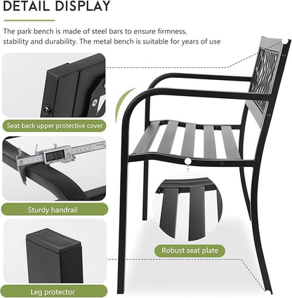 Garden Bench,Metal Outdoor Bench Park Bench with Plastic Mesh Backrest Armrests Sturdy Steel Frame for Patio Yard Porch Entryway Black