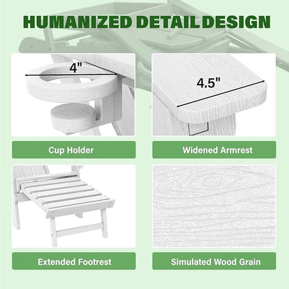 LOUNZY Folding Adjustable Adirondack Chair with Footrest Set of 4,HDPE Recliner Adirondack Chair with Cup Holder for Deck Lawn Fire Pit, White