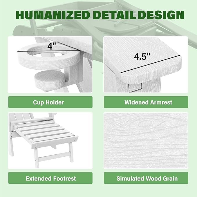 LOUNZY Folding Adjustable Adirondack Chair with Retractable Ottoman Set of 2,HDPE Recliner Adirondack Chair with Cup Holder for Deck Lawn Fire Pit, White