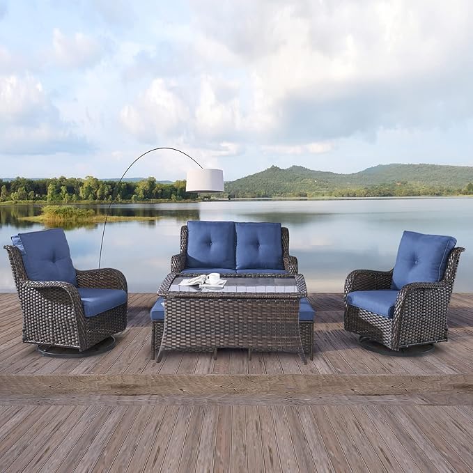 Rilyson Wicker Patio Furniture Set - 6 Piece Rattan Outdoor Sectional Conversation Sets with 2 Swivel Rocking Chairs,2 Ottomans,1 Loveseat and 1 Coffee Table for Porch Deck Garden(Brown/Blue)