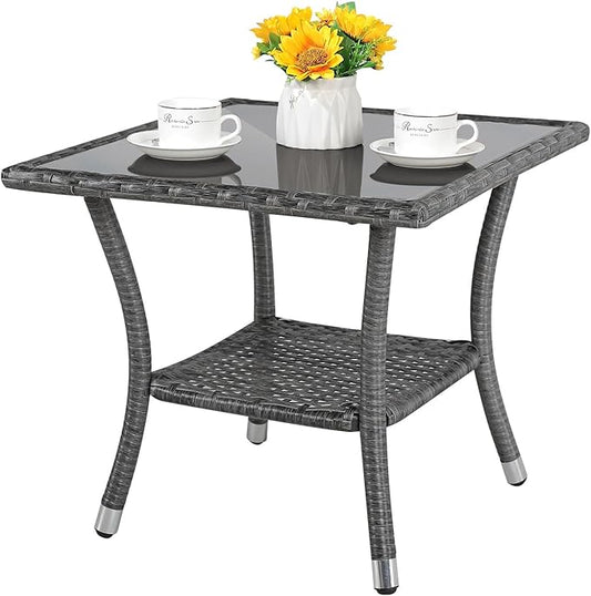 Patiorama Outdoor Wicker Patio Side Table, Weather Resistant Rattan Coffee Table, Square End Table, Aluminum Frame, Grey
