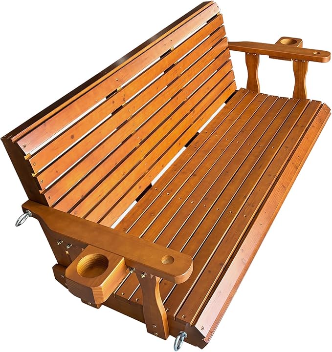 Wooden Porch Swing 3-Seater, Bench Swing with Cupholders, Hanging Chains and 7mm Springs, Heavy Duty 800 LBS - Photo 9