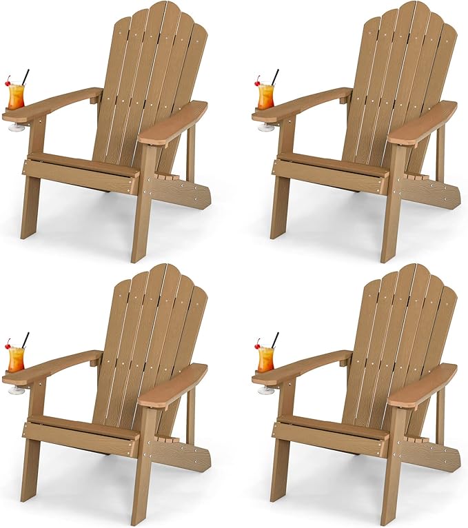Giantex Outdoor Adirondack Chair - Oversized Patio Chairs w/Hidden Cup Holder, Realistic Wood Grain, 380 LBS Weight Capacity, Weather Resistant Firepit Chairs for Backyard, Garden (4, Teak)