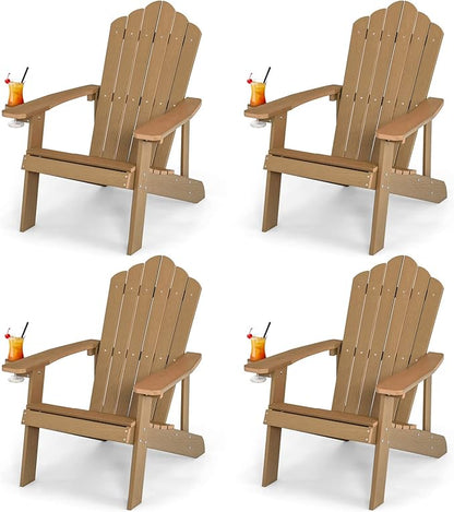 Giantex Outdoor Adirondack Chair - Oversized Patio Chairs w/Hidden Cup Holder, Realistic Wood Grain, 380 LBS Weight Capacity, Weather Resistant Firepit Chairs for Backyard, Garden (4, Teak)