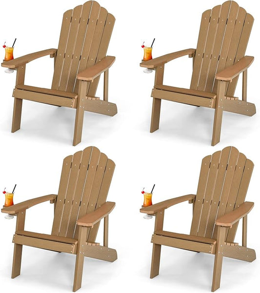 Giantex Outdoor Adirondack Chair - Oversized Patio Chairs w/Hidden Cup Holder, Realistic Wood Grain, 380 LBS Weight Capacity, Weather Resistant Firepit Chairs for Backyard, Garden (4, Teak)