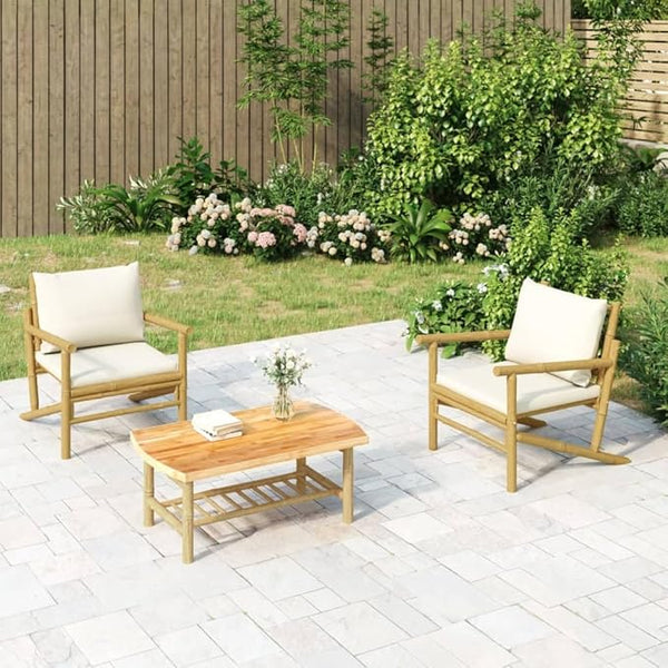 Garden Chair Set with Cream Cushions, Bamboo Frame, Polyester Foam PP Cotton Cushions - Photo 1
