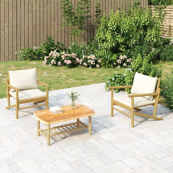 Outdoor Combination Sofa Terrace Furniture Set Garden Chair Cream Cushions Bamboo, Polyester, Foam, PP Cotton - Photo 1