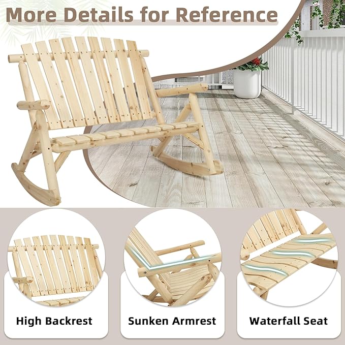 4-Piece Outdoor Wood Rocking Bistro Set, Rustic Wooden Conversation Set Including 2-Seater Loveseat, 2 Coffee Table, Log Rocker Chair, Patio Furniture Chair Set for Lawn Yard, Natural