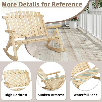 4-Piece Outdoor Wood Rocking Bistro Set, Rustic Wooden Conversation Set Including 2-Seater Loveseat, 2 Coffee Table, Log Rocker Chair, Patio Furniture Chair Set for Lawn Yard, Natural