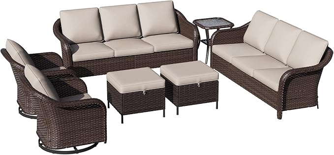 8 Piece Patio Wicker Conversation Set, All-Weather Use Outdoor Wicker Sofa with 2 PE Rattan Ottomans, 4 Swivel Chair - Photo 8