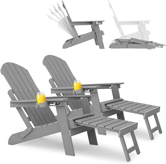 YEFU Adirondack Chair with Retractable Ottoman: Folding Adirondack Chairs Set of 2-5-Level Adjustable Backrest with Footrest - Fire Pit Chairs - Cup Holder - Outdoor Plastic Chair for Patio