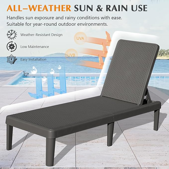Domi Pool Lounge Chairs Set of 2, Outdoor Lounge Chairs with 6 Positions Backrest Adjustable, Resin Waterproof Chaise Lounge Outdoor for Poolside Patio Garden Deck
