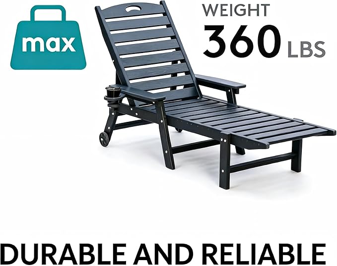 Chaise Lounge Chair Outdoor, Pool Lounge Chair with 4-Position Adjustable Backrest, Weather-Resistant HDPE Frame, Supports Up to 400 LBS for Patio, Poolside, Deck, Beach, Backyard (Black)
