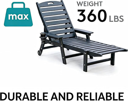 Chaise Lounge Chair Outdoor, Pool Lounge Chair with 4-Position Adjustable Backrest, Weather-Resistant HDPE Frame, Supports Up to 400 LBS for Patio, Poolside, Deck, Beach, Backyard (Black)