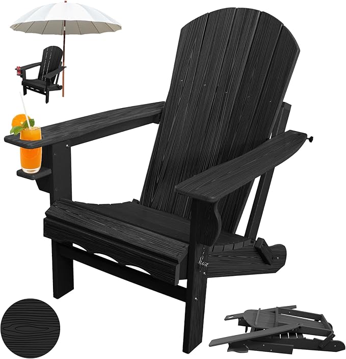 Folding Adirondack Chair, HDPE Plastic Black Adirondack Chairs Weather Resistant - Photo 1
