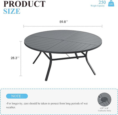 VICLLAX 60" Round Patio Table with Umbrella Hole, All Weather Metal Outdoor Dining Table for 8, Outside Table for Lawn Garden, Grey
