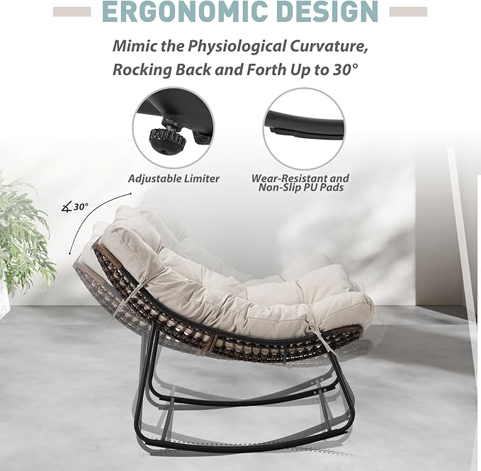 Outdoor Papasan Rocking Chair Oversized Set of 2 - Rocking Chair with Soft Cushion, 30° Rocker Egg Chair for Patio, Front Porch, Backyard, Living Room, Beige