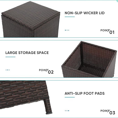 Verano Garden Outdoor Wicker Side Table Set of 2, Small Storage Rattan Wicker End Table, Square Resin Coffee Table for Garden Porch Deck Living Room Backyard