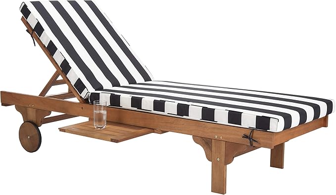 SAFAVIEH Outdoor Collection Newport Natural/ Black & White Stripe Cushion Built-in Side Table Adjustable Chaise Lounge Chair