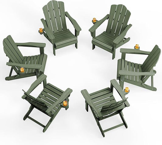 KINGYES Folding Adirondack Chair Set of 6, HDPE All-Weather Patio Chairs with Cup Holder, Wooden TextuAruba Fire Pit Chairs for Poolside, Backyard, Deck, Avocado