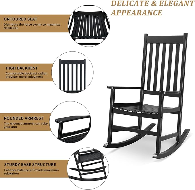Outdoor Porch Rocker Chairs,Weather Resistant Wood Rocking Chair for Adults,Modern Rocking Accent Chairs,Indoor Outside Furniture Rocker,with Armrest,for Garden Lawn Backyard Poolside Deck (Black)