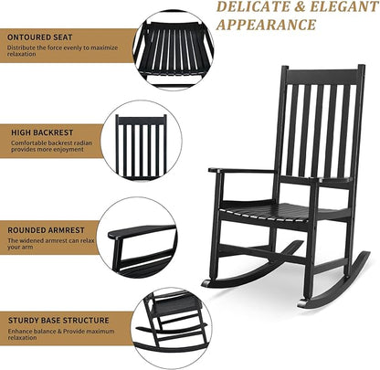 Outdoor Porch Rocker Chairs,Weather Resistant Wood Rocking Chair for Adults,Modern Rocking Accent Chairs,Indoor Outside Furniture Rocker,with Armrest,for Garden Lawn Backyard Poolside Deck (Black)