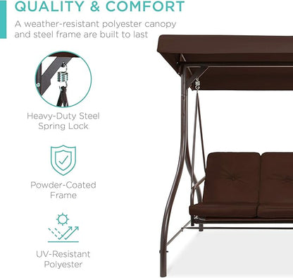 Best Choice Products 3-Seat Outdoor Large Converting Canopy Swing Glider, Patio Hammock Lounge Chair for Porch, Backyard w/Flatbed, Adjustable Shade, Removable Cushions - Brown