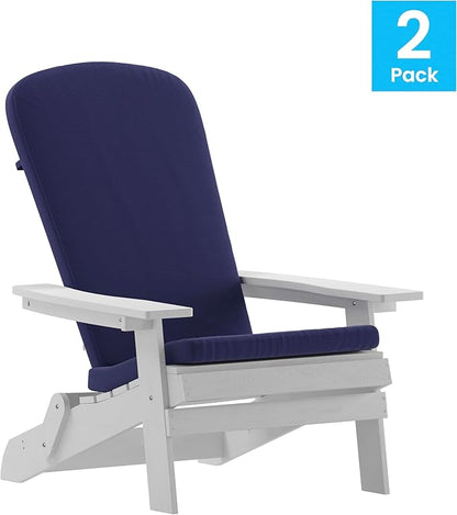 Flash Furniture Charlestown Folding Adirondack Chairs Poly Resin Frame-All-Weather Cushions-Indoor/Outdoor Use, Set of 2, White/Blue