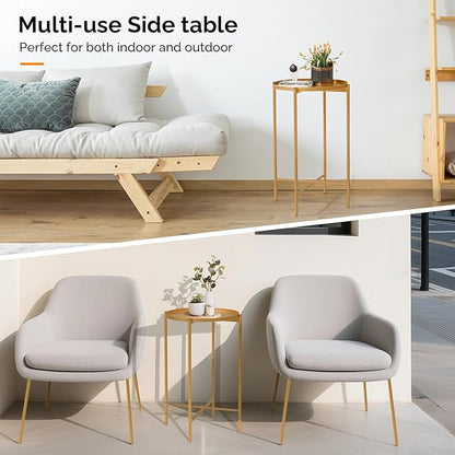 VINGLI Round Metal Side Table with Removable Tray, Outdoor Patio Coffee Table, Waterproof End Table for Small Spaces, Outdoor Patio, Living Room, Bedroom, Balcony (X-Brace & Non-Slip Pads) (2, Gold)