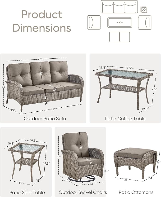 7 Pieces Outdoor Patio Furniture-Swivel Patio Chairs Set of 2 Outdoor Wicker Rattan Sofa Couch with Ottoman Outdoor Conversation Set for Deck Porch Garden Balcony Poolside-Grey/Grey
