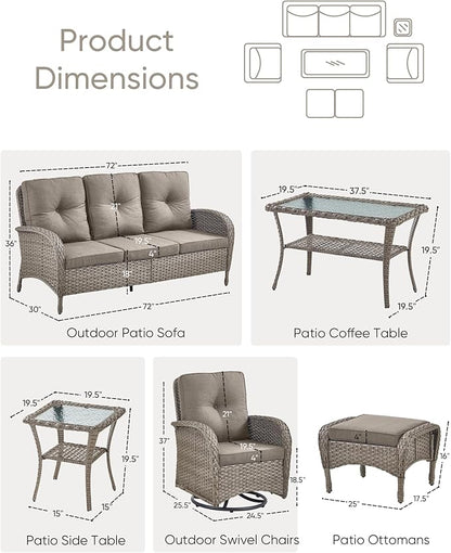 7 Pieces Outdoor Patio Furniture-Swivel Patio Chairs Set of 2 Outdoor Wicker Rattan Sofa Couch with Ottoman Outdoor Conversation Set for Deck Porch Garden Balcony Poolside-Grey/Grey
