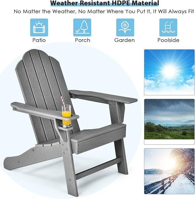Giantex Adirondack Chair Outdoor Fire Pit Chairs, HDPE Weather Resistant Patio Chair for Outside Campfire,Deck, Garden, Yard, Lawn Furniture Porch and Lawn Seating Composite Chairs, Grey