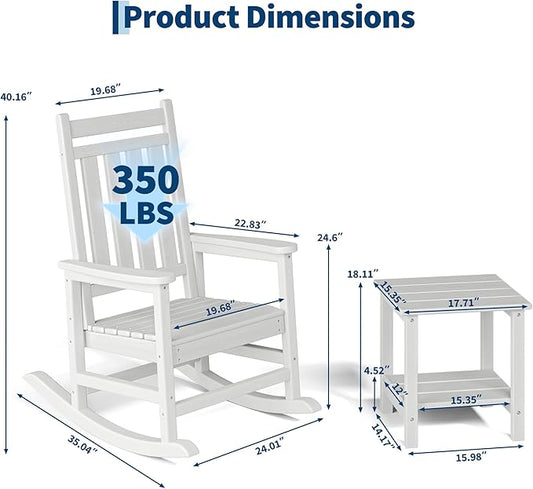 HDPE Rocking Chair Outdoor Set of 4 with 2 Side Table - Poly High Back Porch Rocker Chairs for Adults - All Weather Resistant Furniture for Patio Front Porch - White