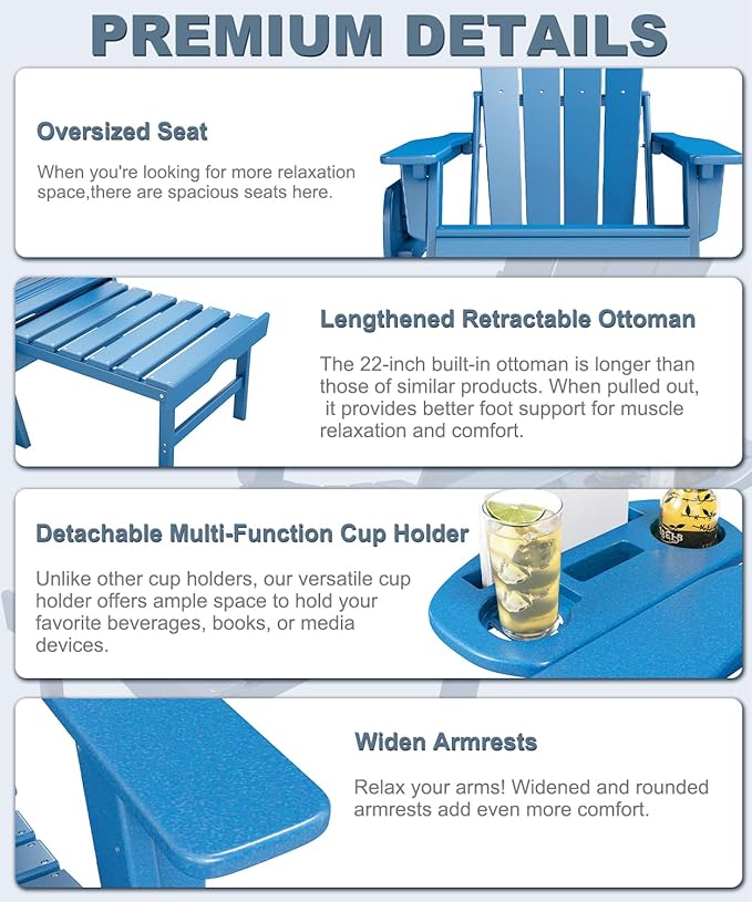 Adjustable Adirondack Chair with Retractable Ottoman Set of 8, HDPE Folding Adirondack Chair with Cup Holder, All Weather Fire Pit Chair for Outdoor.