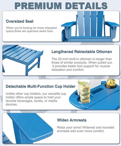 Adjustable Adirondack Chair with Retractable Ottoman Set of 2, HDPE Folding Adirondack Chair with Cup Holder, All Weather Fire Pit Chair for Outdoor,Pacific Blue