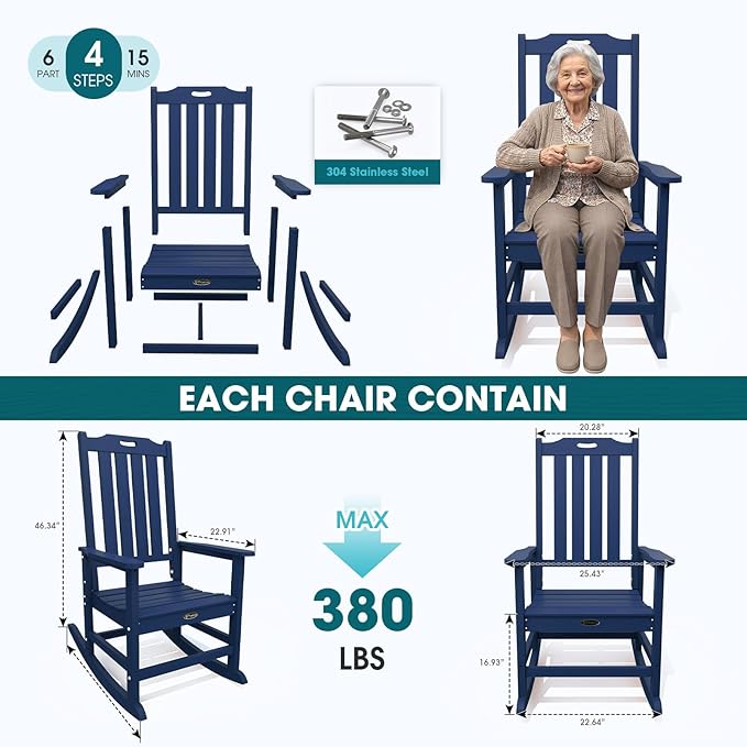Oversized Rocking Chair Set of 2, Outdoor Rocking Chair for Adults, All Weather Resistant Porch Rocker for Lawn Garden, Navy Blue
