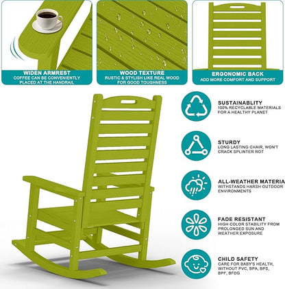 PLUUV Outdoor Rocking Chair with Removable Footboard for Adults, HDPE High Back Patio Rocking Chairs, 330lbs All Weather Porch Rocking Chairs for Outdoor & Indoor -Pistachio Green