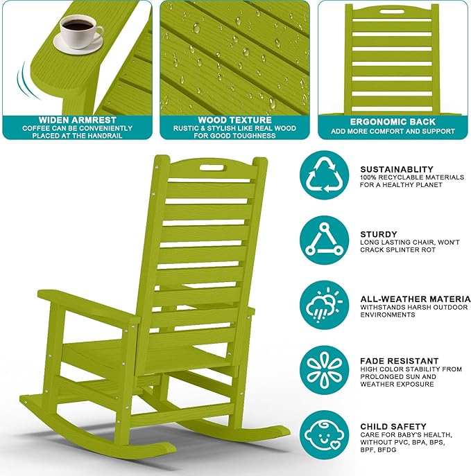 PLUUV Outdoor Rocking Chair Set of 2 with Removable Footboard for Adults, HDPE High Back Patio Rocking Chairs, 330lbs All Weather Porch Rocking Chairs for Outdoor & Indoor -Pistachio Green