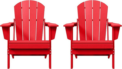 Costaelm Folding Patio Chairs Set of 2, Hdpe Adirondack Chairs Front Porch Furniture Outdoor Seating, All Weather Tanning Chair for Backyard Firepit Garden Lawn, Red