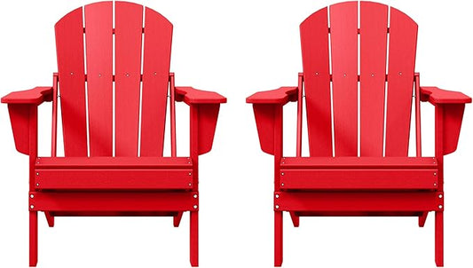 Costaelm Folding Patio Chairs Set of 2, Hdpe Adirondack Chairs Front Porch Furniture Outdoor Seating, All Weather Tanning Chair for Backyard Firepit Garden Lawn, Red