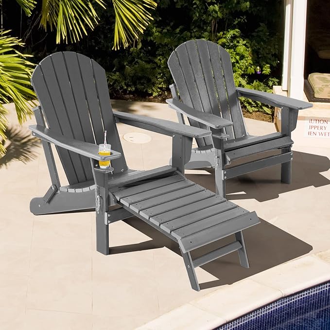 Giantex Folding Adirondack Chair, HDPE Patio Chairs Fire Pit Lounge Chair W/Retractable Ottoman & Cup Holder, Weatherproof Outdoor Adirondack Chairs for Porch, Garden, Backyard (1, Gray)