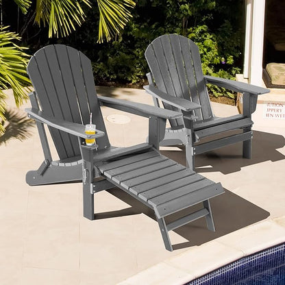 Giantex Folding Adirondack Chair, HDPE Patio Chairs Fire Pit Lounge Chair W/Retractable Ottoman & Cup Holder, Weatherproof Outdoor Adirondack Chairs for Porch, Garden, Backyard (1, Gray)