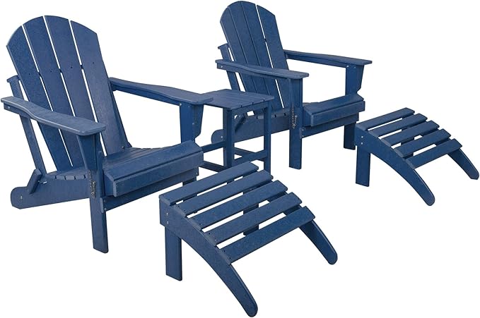 WestinTrends Malibu Outdoor Lounge Chairs Set, 5-Pieces Adirondack Chair Set of 2 with Ottoman and Side Table, All Weather Poly Lumber Patio Lawn Folding Chair for Outside, Navy Blue